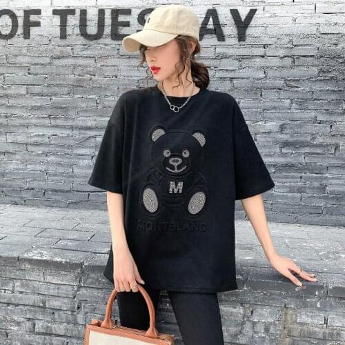 Summer Mid-length Women Short-sleeved T-shirt Cartoon Casual Loose Round Neck Pullover Heavy Industry Diamond Ladies Tops