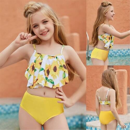 Girls Holiday Cute SunFlower Print Bikini Set Two Piece Swimsuit Bathing Suit biquini niña Flowing lotus leaf Girls swimsuit M4
