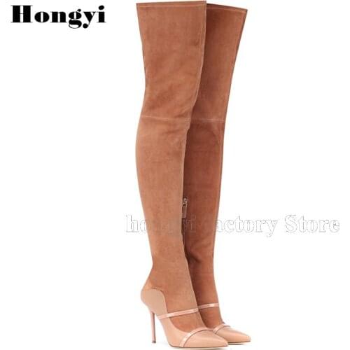 Fashion Skin Color Patchwork Designer Pointed Toe Thin High Heel Women Over The Knee Boots 2019 Strappy Gladiator Long Boot