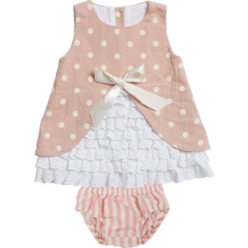 Kaiya Angel Toddler Girls Fashion Outfits Dot Ruffle Sleeveless Tops Striped Bloomer Kids Summer Clothing Set Factory Wholesale