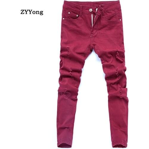 Skinny Jeans Men Red Ripped Fashion Casual Slim Fit Biker Jeans Hip Hop Destroy Stretch Denim Pants Motorcycle