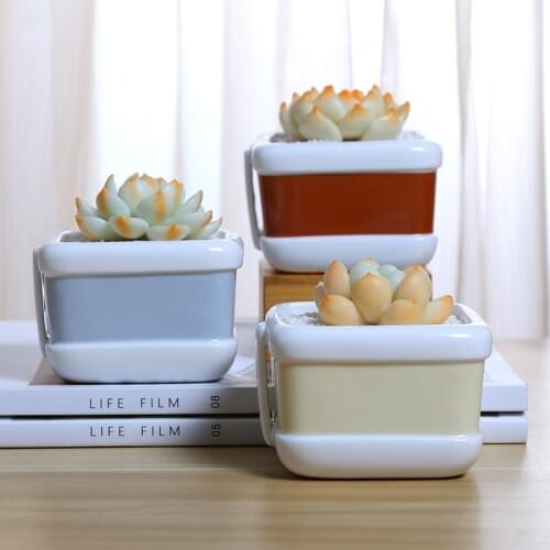 Set of 3 Ceramic Flowerpots Square Planter Pots with Label Decorative Succulent Plant Pots for Cactus Mini Bonsai 3 Colors