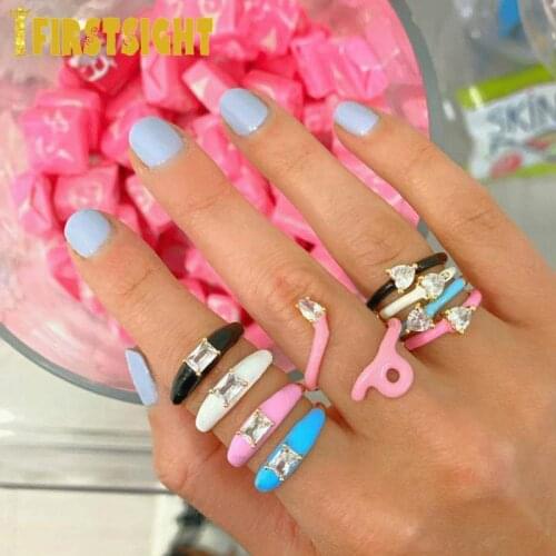 2021 New Gold Color Pastel Pink Blue Red Enamel Band Rings 5A Rectangle CZ Fashion Colorful Ring Women Finger Jewelry