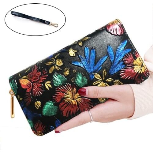 Retro Women Long Wallet Zipper Coin Purse Luxury Hand Painted 3D Flowers Card Holder