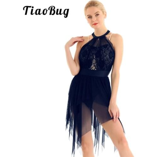 TiaoBug Adult Halter Lace Asymmetrical Women Ballet Figure Skating Dress Gymnastics Leotard Contemporary Lyrical Dance Costumes