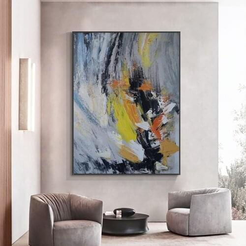 Yiqing Abstract Grey Black Yellow Painting 100% Hand Painted Oil Painting On Canvas Modern Handmade Dark Wall Art For Home Decor