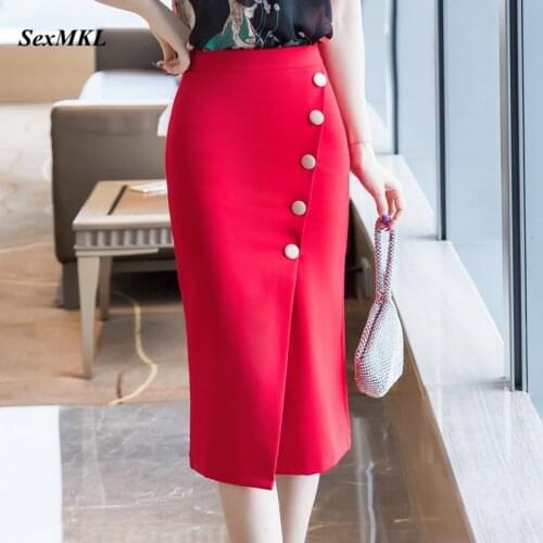 Women Elegant Button Office Skirts Plus Size 2020 Fashion High Waist Bodycon Black Skirt Korean Clothes Winter Long Red Skirt