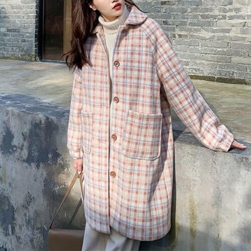Women Wool Blends Sweet Girl Pink Plaid Korean Style Fashion Peter Pan Collar Kawaii Loose Casual All-match Harajuku Woolen Coat