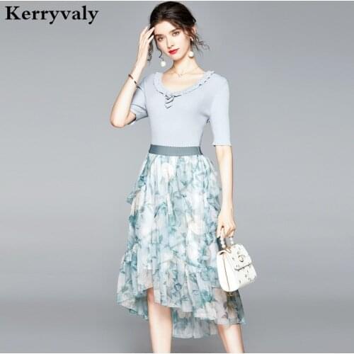 Summer 2 Piece Outfits for Women Outfit Summer Knitwear Tops + Blue Half-Length Skirt Ladies Suit Two-Piece Dress K8210