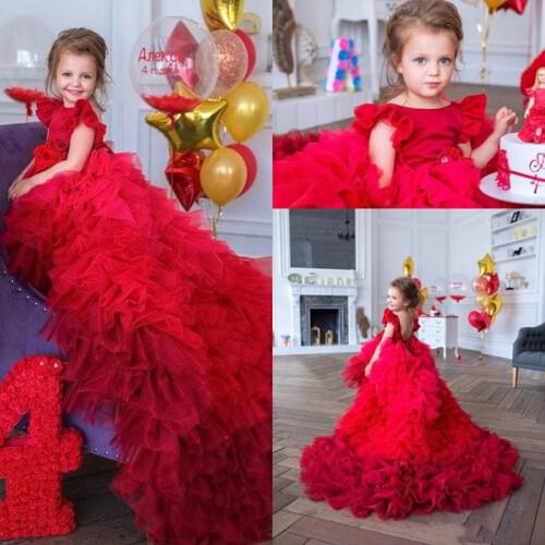 2021 New Design Lovely Red Flower Girls Dresses For Weddings Jewel Neck Tiered Ruffles Sweep Train Birthday Girl Communion Pagea