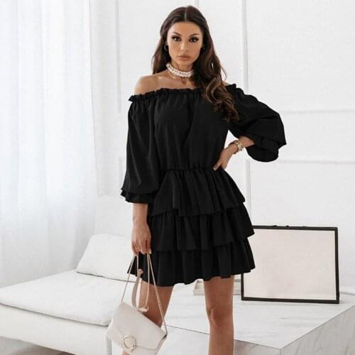 Autumn Casual Long Sleeve Off Shoulder Mini Dresses Women Spring Pleated Elegant Office Lady Ruffle Solid Party Vintage Clothes