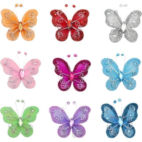 10Pcs 2 " Organza Nylon Mesh Butterflies With Wire & Rhinestones Glitter For Wedding Decorations Scrapbook Home Decor Party