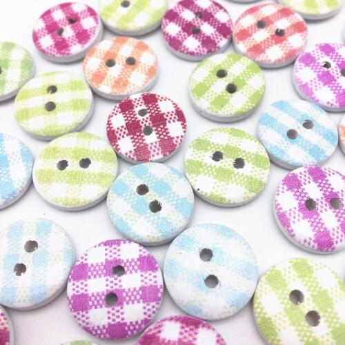 1000pcs/lot 15mm Mixed Lovely Checks Ginghams Wooden Buttons Craft Scrapbooking Embellishment Sewing 2 Holes Round Button