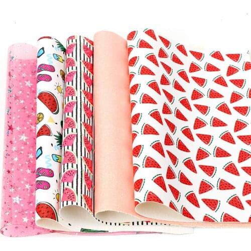 AHB 22*30cm 5pc Faux Leather Sheet Summer Style Watermelon Printed Synthetic Leather Fabric DIY Handmade Hair Bow Supplies