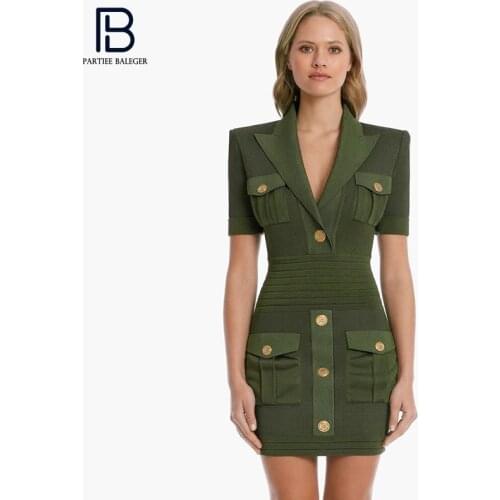 PB Trendy Mini Dress Short Sleeves Button Pocket Design Turn-down Collar Celebrity Party Club Bandage Vestido Free Shipping