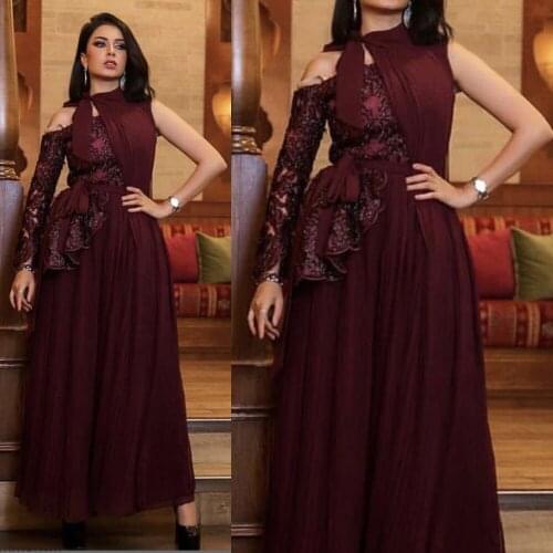Burgundy prom dresses 2020 crew neckline one shoulder pleats lace appliques beading peplum burgundy evening gowns