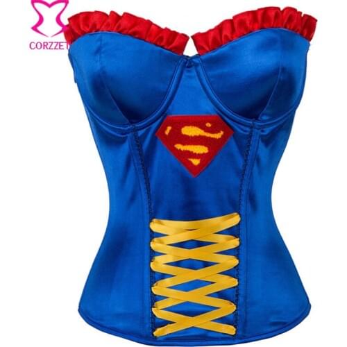 Burlesque Supergirl Superhero Costume Corset Sexy Overbust Corselete Feminino Espartilhos Corsets Para Festa Gothic Clothing