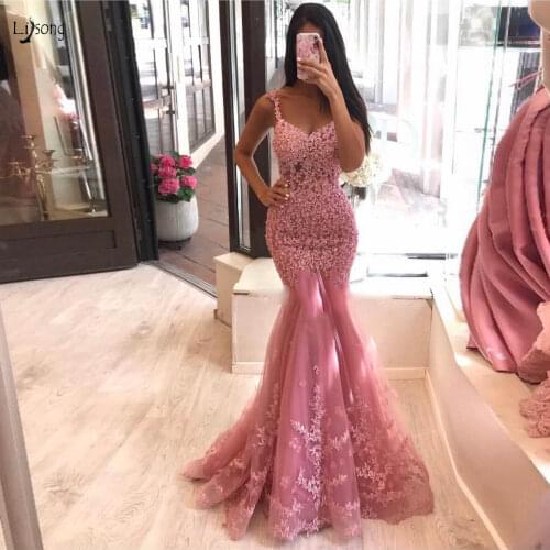 Elegant Coral Red Lace Mermaid Evening Dresses Beaded Appliques Long Prom Gowns Custom Made Party Dresses Abendkleider 2019