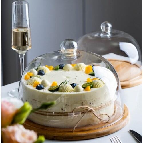 European Wooden Cake Pallet Glass Cover Bread Fruit Dessert Cake Storage Dish Living Room Home Decoration Ornaments Display