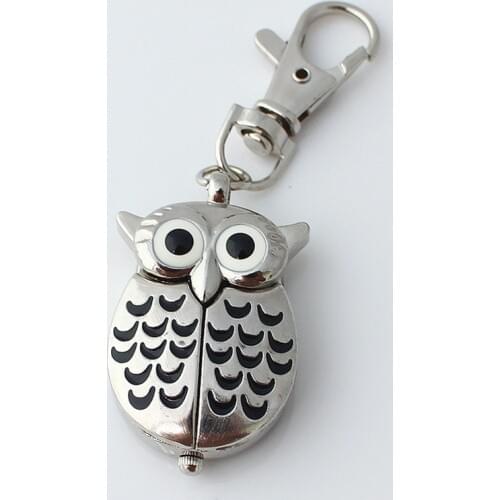 Pocket Fob Watch Mini Metal Key Ring owl Double Open Quartz Alloy Analog Watch Clock Silver for women men