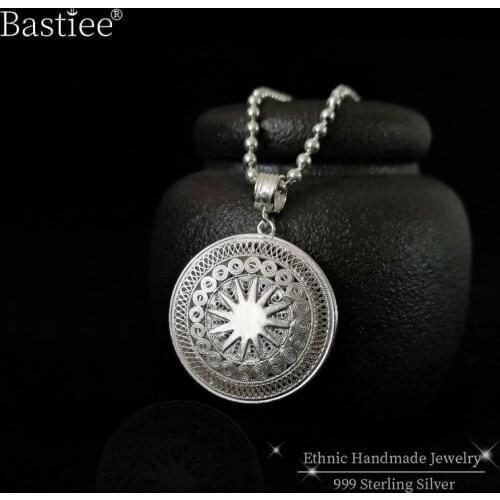 Bastiee 999 Sterling Silver Chakra Pendant Retro Sun Totem Men Round Pendants Women Luxury Jewelry Handmade Hmong Jewellery