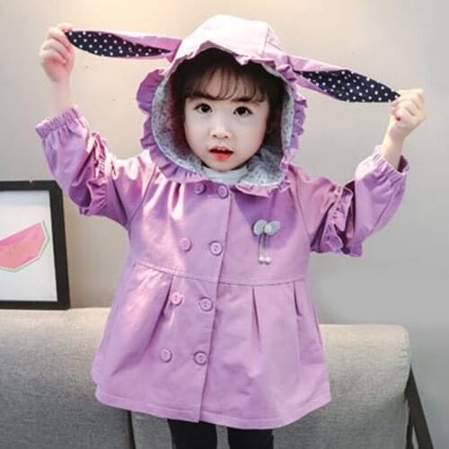 Girls Jacket New Spring Autumn Ruffled Hooded Childrens Coat Cartoon Rabbit Ears Double-breasted Pure Color Sweet Windbreaker