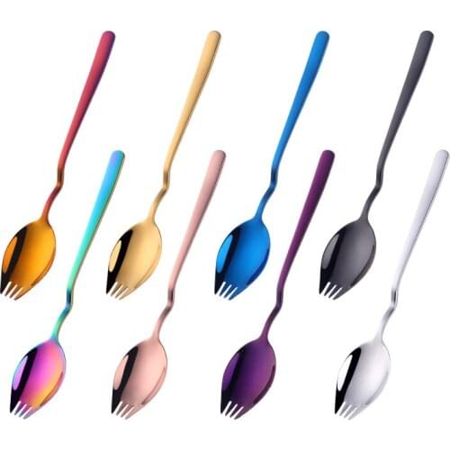 4PCS Stainless Steel 3 IN 1 Sporks Mixing Spoon Fork Knife Noodle Fruit Utensil Hanging Cup Salad Spork Gold Dessert Dinnerware
