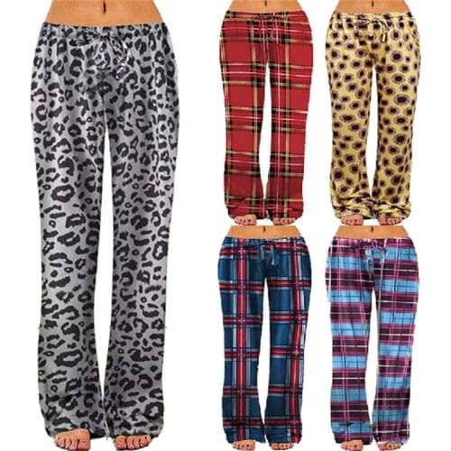 New 2021 Women Fashion Leopard Plaid Print Drawstring Elastic Waist Yoga Wide-leg Pants Ladies Loose Pants Trousers