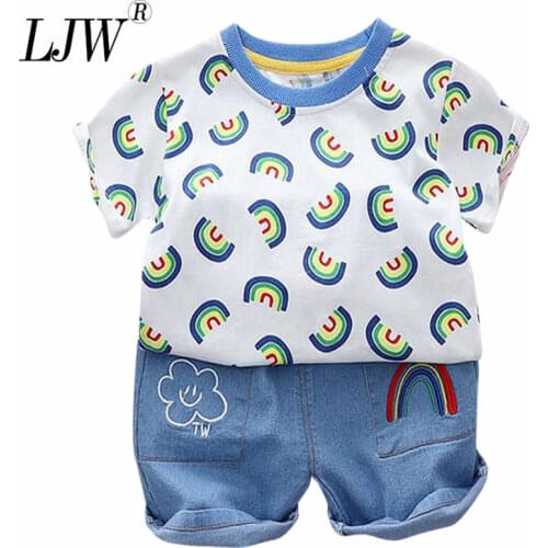 New autumn childrens fashion suit color striped boy and girl clothes long-sleeved T-shirt jeans two-piece suit