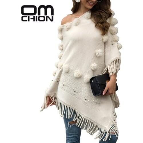OMCHION Jersey Mujer 2021 New Shawl Tassel Cloak Wool Ball Nail Bead Round Neck Sweater Women Fashion Korean Knitted Coat Poncho