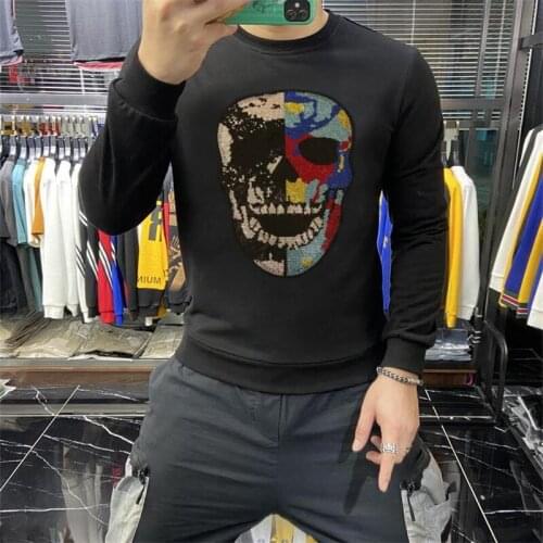 2021 Autumn And Winter Hot Selling Fashion High Quality Rhinestone Skull Mens Hoodie Warm Casual Hip-Hop Slim Sweatshirt New