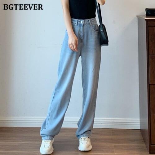 BGTEEVER Autumn Loose Floor-Length Wide Leg Jeans Pants for Women High Waist Pockets Female Straight Denim Trousers 2021