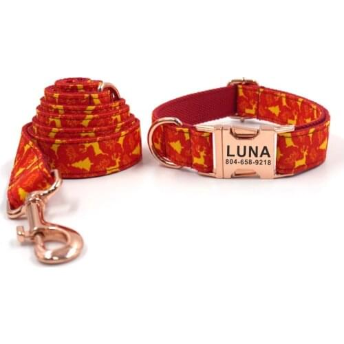 Personalized Dog Collar Customized Pet Collars Engraving ID Name Tag Pet Accessory Christmas Deer Tree Puppy Collar Leash Set