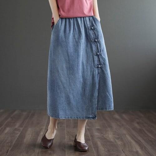 Casual Buckle Womens Denim Skirt Elastic Waist irregular Hem Women Skirts