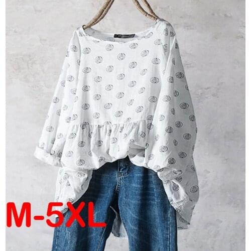 Plus Size Women Tunic Blouses Long Sleeve O-Neck Blouse Polka Dot Chiffon Casual Tops Blusas Femininas