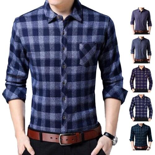 Men Shirts Tops Autumn Long Sleeve Single-breasted Turn Down Collar Plaid Slim Shirt Top Casual Social Streetwear High Quality
