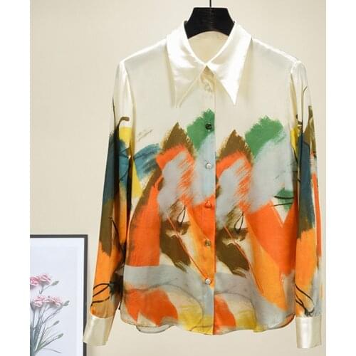 Spring Autumn Women High quality vintage Oil painting print Shirts Hot fashion elegant Chiffon Shirt blouses C774