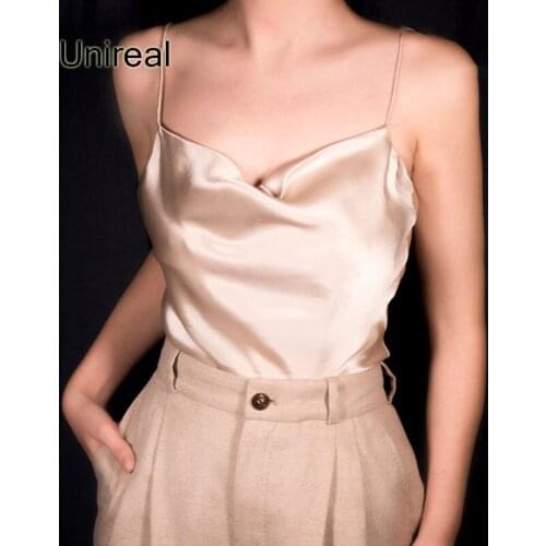 Unireal 2021 Summer Luxury Women Satin Tank Top Spaghetti Strap Camisole Vintage Sexy Silk Tops