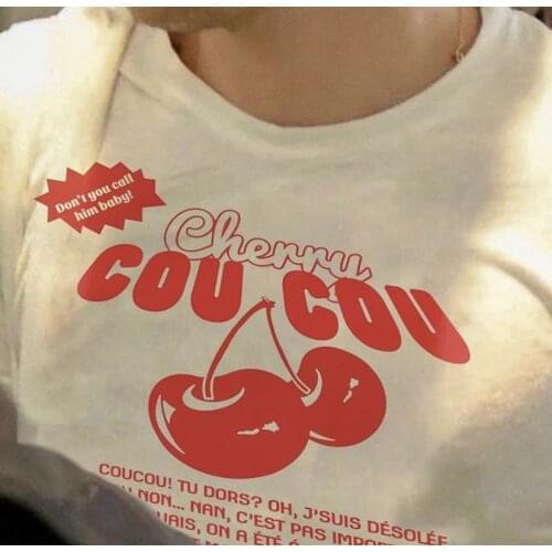 Aesthetic Cherry Cou Cou Women T Shirt Kawaii Cute Harajuku Summer Fashion Graphic Oversized Tee Y2k Egirl Letter Print Tops Emo