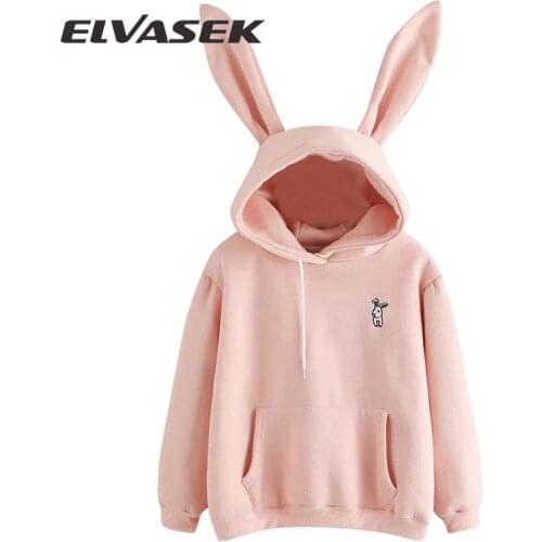 2021 Autumn Winter Women Hoodies Kawaii Rabbit Ears Fashion Hoody Casual Solid Color Warm Sweatshirt Hoodies For Women
