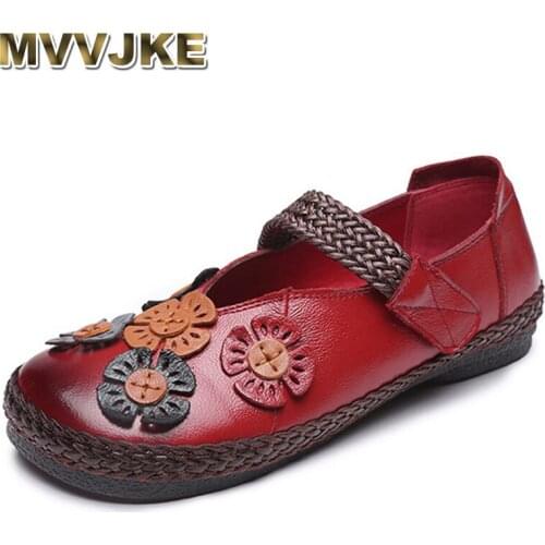 MVVJKE 2020 Vintage Spring Summer Women Shoes Leather Retro Flat Shoes Comfortable Soft Sole Casual Flower Shoes Woman Loafers