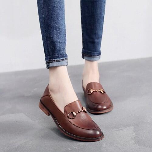 Shoes Women Loafers Solid Round Toe Genuine Leather Spring/Autumn Zapatos De Mujer Fashion Retro Casual Bling