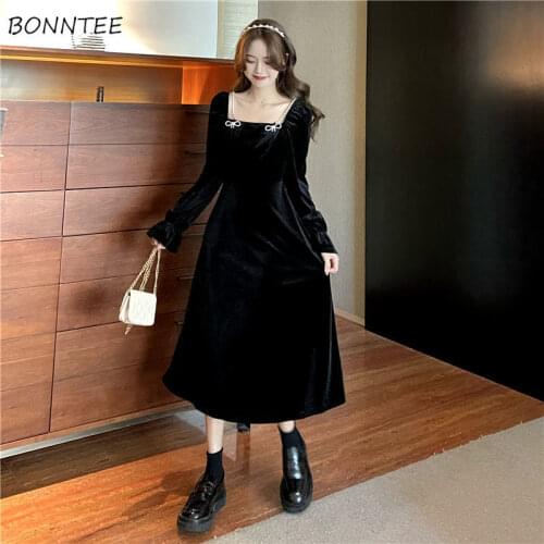 Dresses Women Butterfly Sleeve Spring Pure Color Elegant Causal All-mach Female Square Collar Comfortable Ulzzang Mujer De Moda