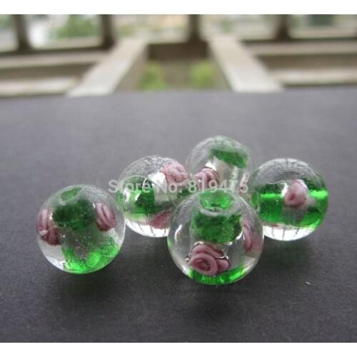 20Pieces/Lot 12mm Lampwork Glass Beads Flower With White Foil Green Color for jewelry making