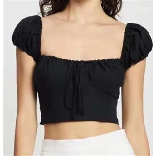 2021 Vintage Casual Summer Sweet Beautiful Collar Tie Up Umbilical Soaked Sleeves Knitted Female Bottoming Fashion Tops