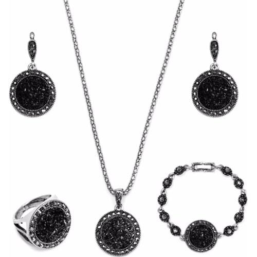 4pcs/set ethnic national round black wedding crystal jewelry sets rhinestone crystal necklace bracelets earrings ring set