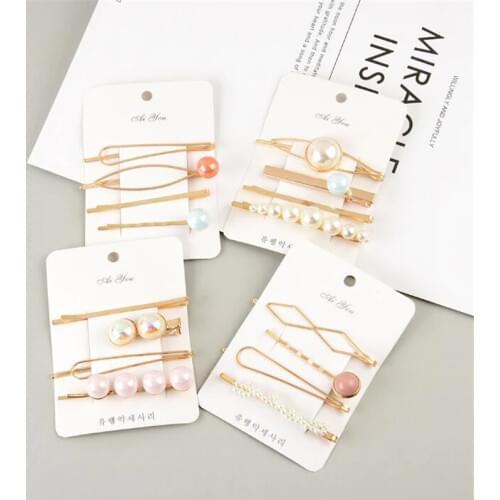 4pcs Korea Fashion Women Metal Hairpins Imitation Pearl Colorful Beads Hair Clips Irregular Geometric Hair Styling Accessories