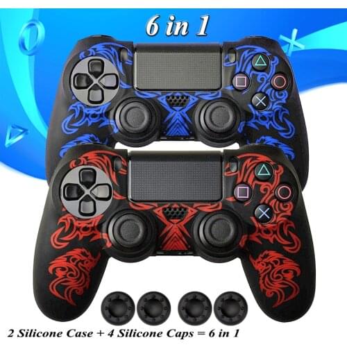 6 in 1 Dual Soft Silicone Rubber Case Cover For Play Station PS4 PS4 Pro Slim Controller Skin +4 Thumb Stick Grips Caps