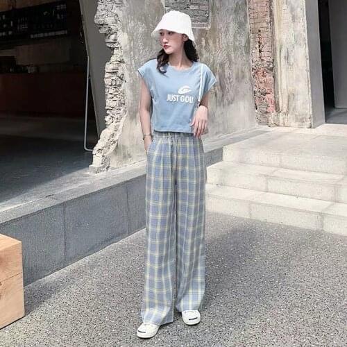 Casual Pants Women High-waist Loose Plaid Korean Style Vintage Students Streetwear Womens Trousers Mopping All-match Chic New