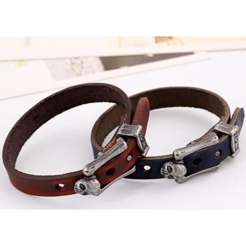 Fashion Vintage Retro Skull Clasp Genuine Leather Bracelets Punk Gothic Skeleton Charm Cuff Bangle Wrap Wristbands Biker Jewelry